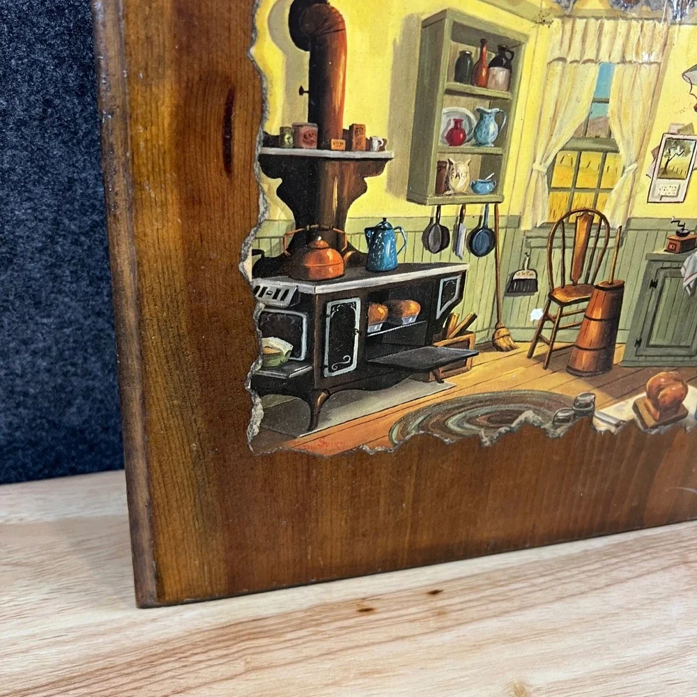 Vintage Jean Spicer Wood Plaque General Store and Kitchen Lithograph Americana